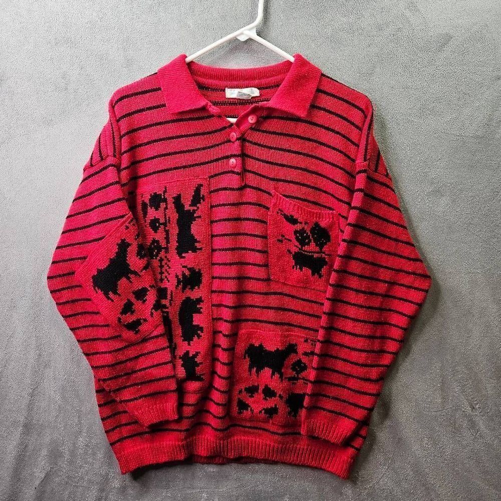 Vintage Jamie Scott Sweater Womens Sz Medium Red Knit Crew Neck Button Pullover
